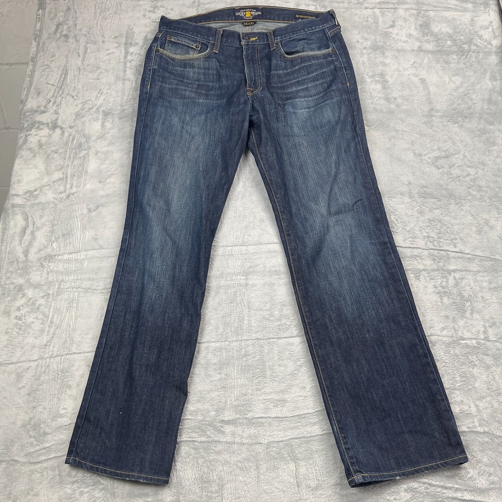 Lucky Brand 361 Vintage Straight Jeans Mens 34x32 Blue Denim Grunge Dark Wash